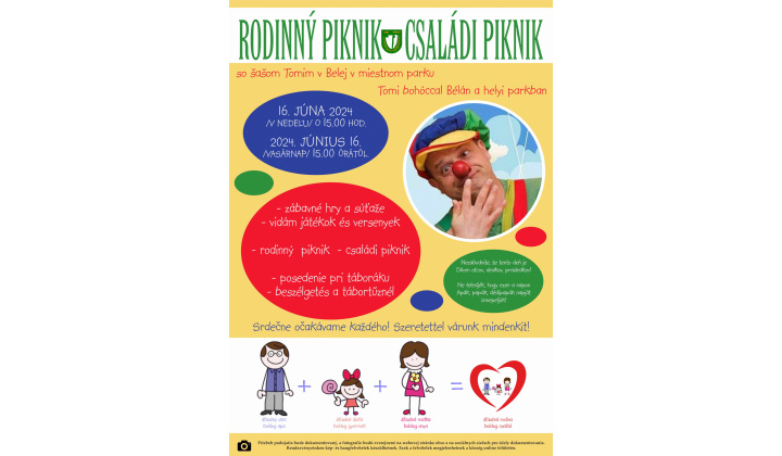 Rodinný piknik so šašom Tomim-16.júna 2024 v miestnom parku o 15.00hod- Családi piknik Tomi bohóccal a helyi parkban 2024. június 16-án 15.00órától