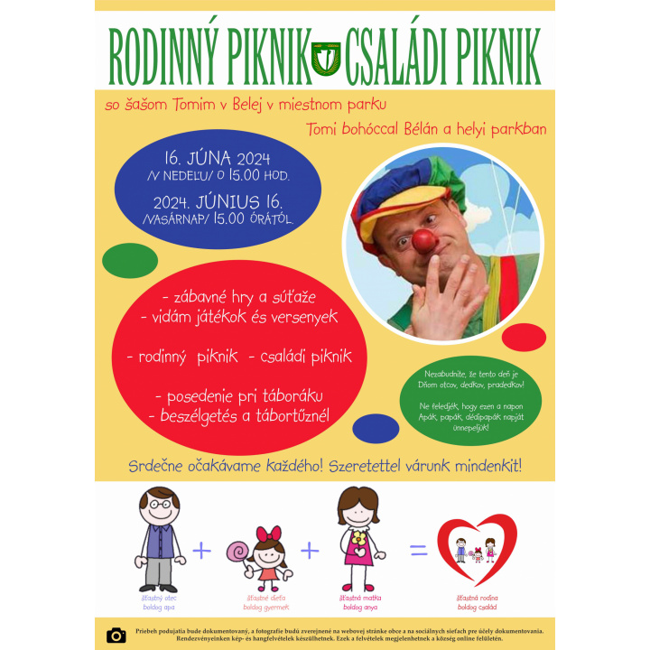 Rodinný piknik so šašom Tomim-16.júna 2024 v miestnom parku o 15.00hod- Családi piknik Tomi bohóccal a helyi parkban 2024. június 16-án 15.00órától
